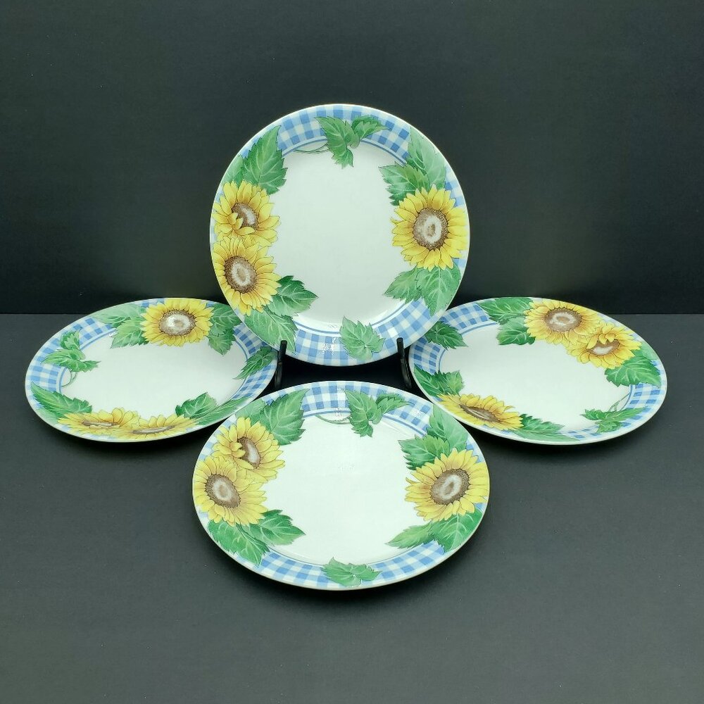 Corelle Sunsations Salad Plates Corning Sunflower Blue White Check Dessert Plate
